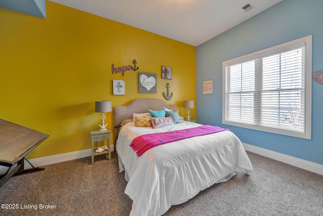 bedroom featuring visible vents, carpet floors, and baseboards