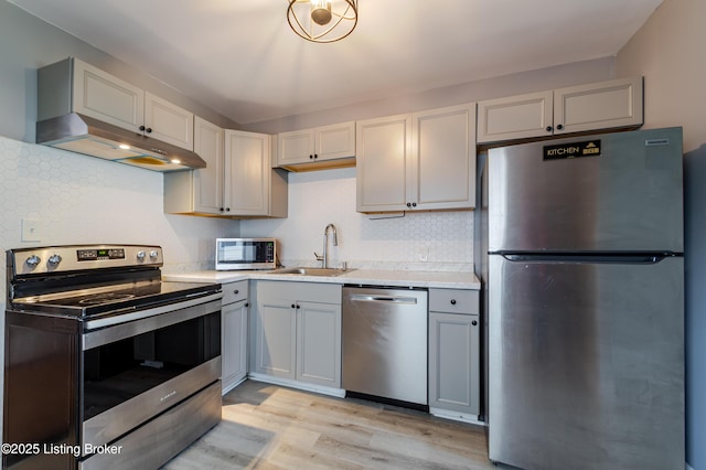 kitchen with a sink, light countertops, under cabinet range hood, and stainless steel appliances