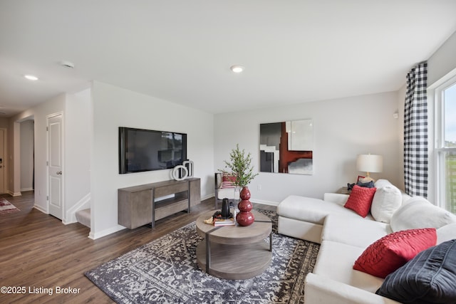 living room with dark hardwood / wood-style floors