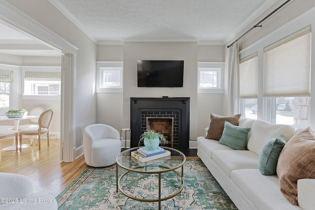 living room with crown molding, hardwood / wood-style floors, and a textured ceiling