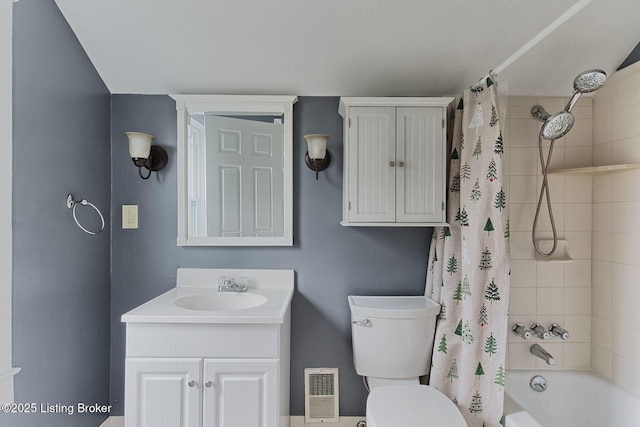 full bathroom featuring toilet, vanity, and shower / bathtub combination with curtain