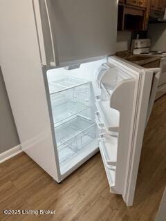 room details with fridge, white electric range, and light hardwood / wood-style flooring