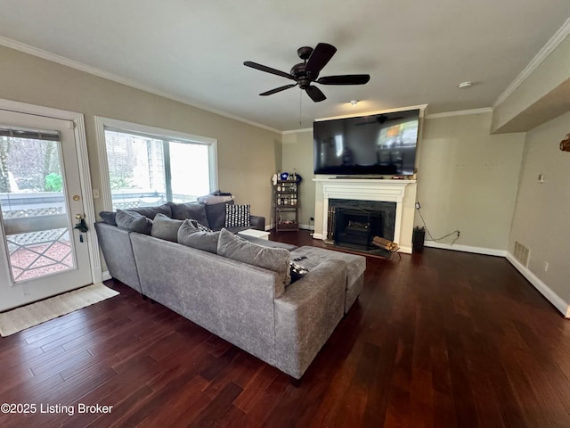 living room featuring crown molding, dark wood-type flooring, and ceiling fan