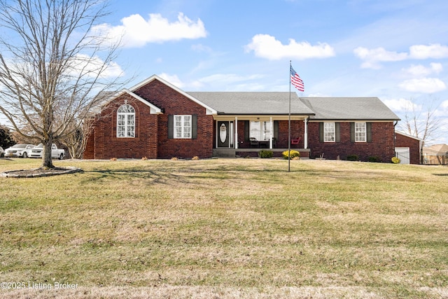 ranch-style house with a porch and a front yard