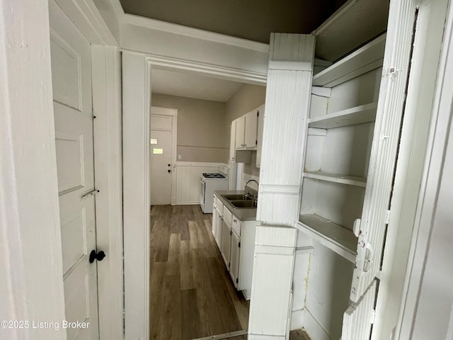 interior space featuring washer / clothes dryer, sink, and hardwood / wood-style floors