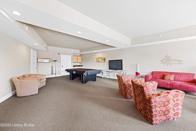 recreation room with billiards, baseboards, recessed lighting, a raised ceiling, and dark colored carpet