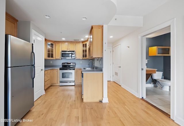 kitchen with light wood-style flooring, recessed lighting, a sink, light countertops, and appliances with stainless steel finishes