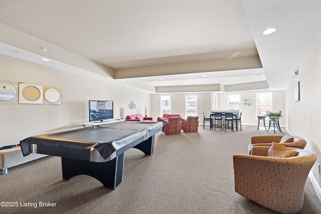 recreation room featuring recessed lighting, a tray ceiling, carpet floors, and billiards