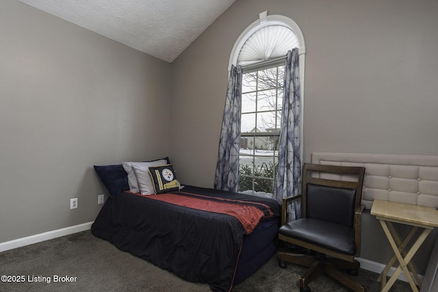 bedroom with vaulted ceiling, a textured ceiling, dark carpet, and baseboards