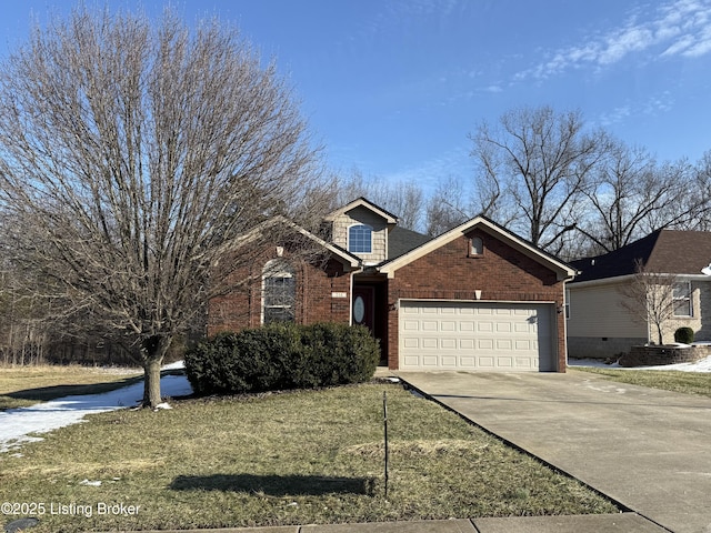 view of front facade featuring a front lawn, brick siding, driveway, and an attached garage