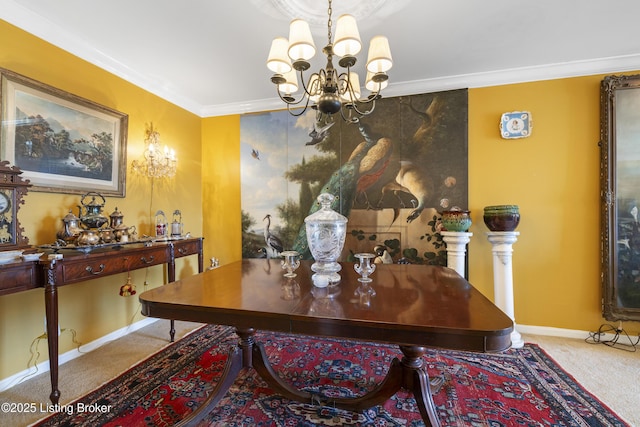 dining area with crown molding, carpet, and a notable chandelier