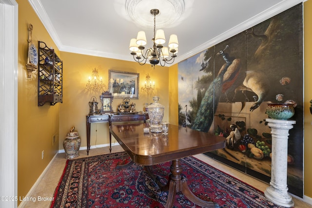 office space featuring crown molding and a notable chandelier