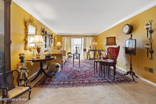 interior space featuring ornamental molding and carpet floors