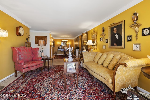 carpeted living room with ornamental molding and a chandelier