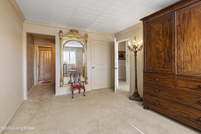 interior space featuring light carpet and crown molding