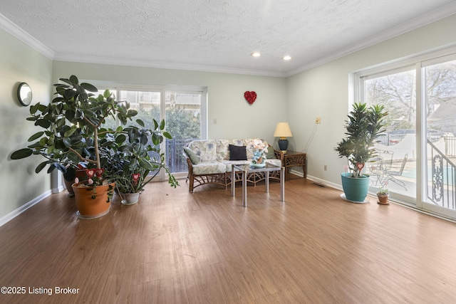 sitting room with ornamental molding, wood-type flooring, and a textured ceiling