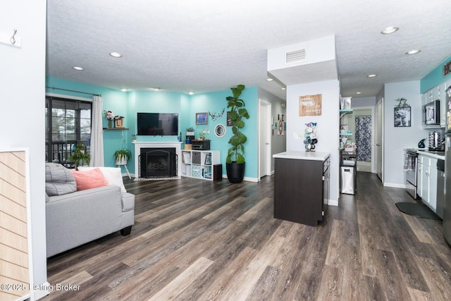 living room featuring dark hardwood / wood-style flooring and a textured ceiling