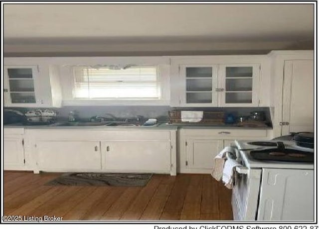 kitchen with glass insert cabinets, white electric range oven, white cabinetry, and dark wood-type flooring