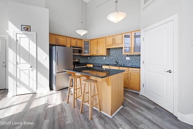 kitchen featuring a sink, dark countertops, appliances with stainless steel finishes, and wood finished floors