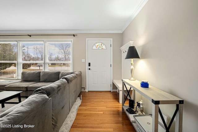 living room with ornamental molding and light wood-type flooring