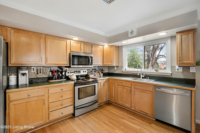 kitchen featuring stainless steel appliances, sink, backsplash, and light wood-type flooring