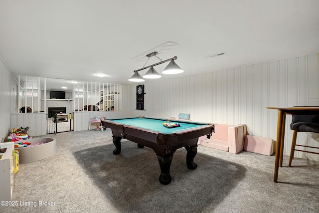 recreation room featuring billiards and carpet floors