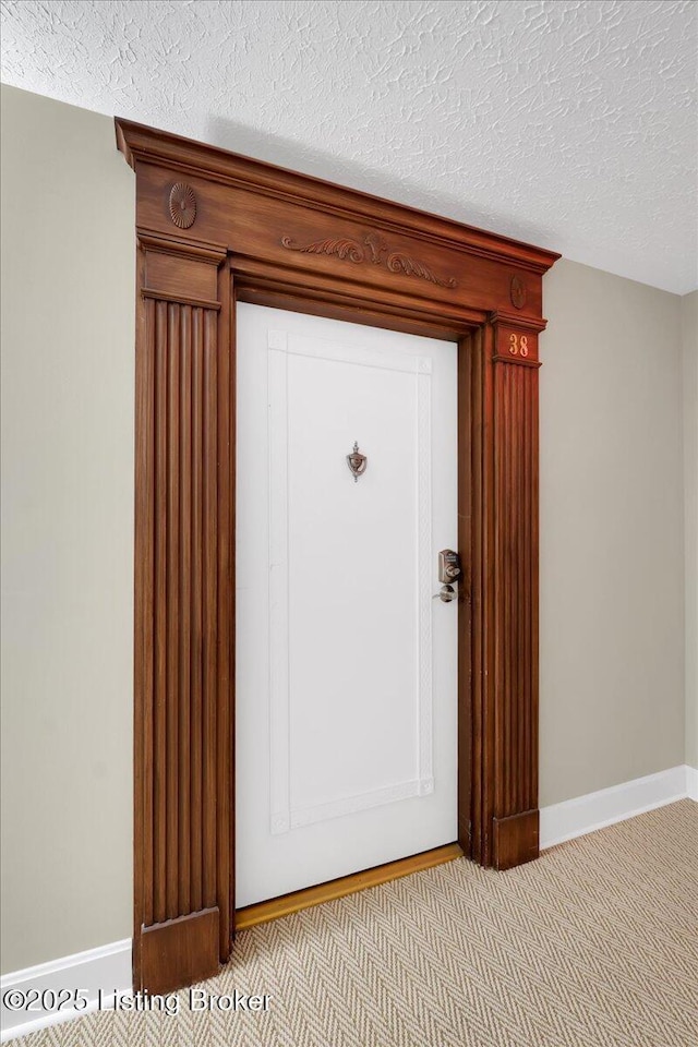 room details featuring a textured ceiling and carpet flooring