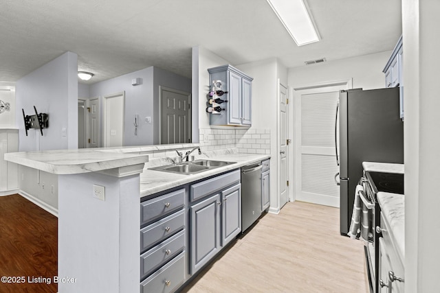 kitchen with appliances with stainless steel finishes, sink, gray cabinetry, kitchen peninsula, and light hardwood / wood-style flooring