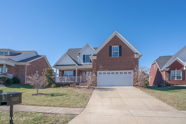 view of front property featuring a porch, a garage, and a front lawn