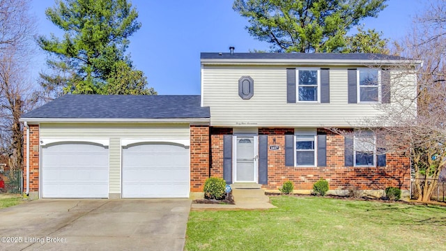 colonial home with an attached garage, brick siding, concrete driveway, roof with shingles, and a front yard