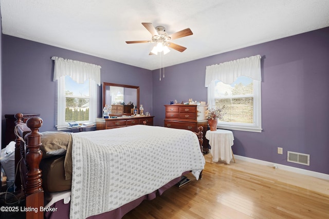 bedroom featuring ceiling fan and light wood-type flooring