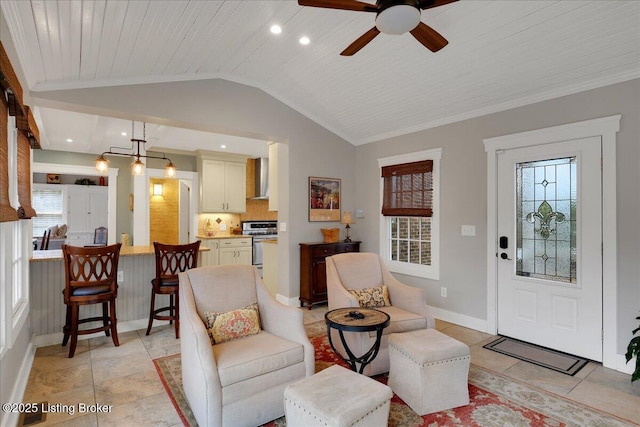 tiled living room with vaulted ceiling and ceiling fan