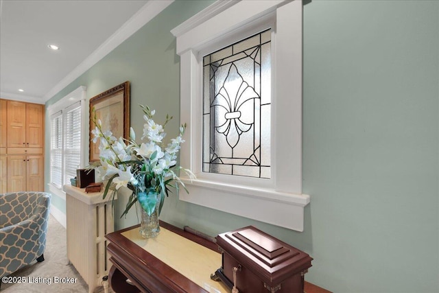 room details featuring crown molding and carpet floors