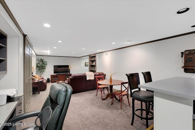 interior space featuring crown molding and light carpet