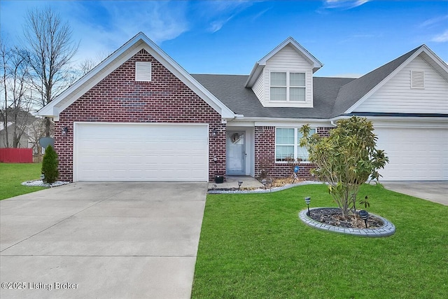 view of front of home with a garage, a front yard, concrete driveway, and brick siding