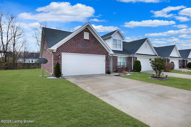 view of front of house featuring a front lawn, concrete driveway, brick siding, and an attached garage