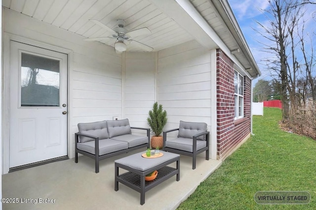 view of patio featuring ceiling fan and outdoor lounge area