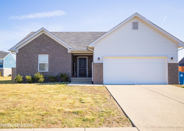 ranch-style house with a garage and a front lawn