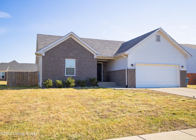 ranch-style home with a garage and a front yard