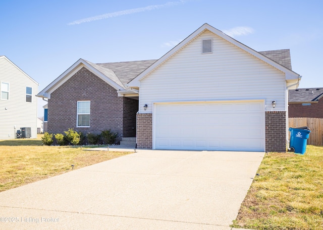 single story home featuring a garage, central AC unit, and a front lawn