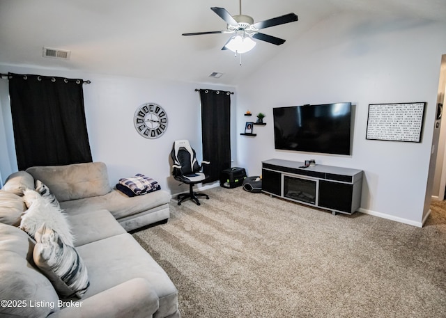 living room with carpet, lofted ceiling, and ceiling fan