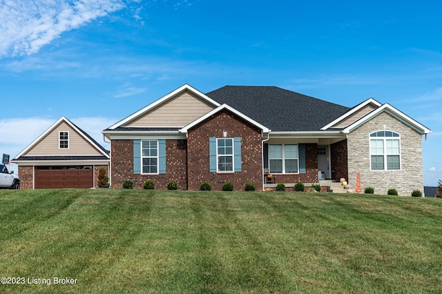 single story home with brick siding, a front yard, and roof with shingles