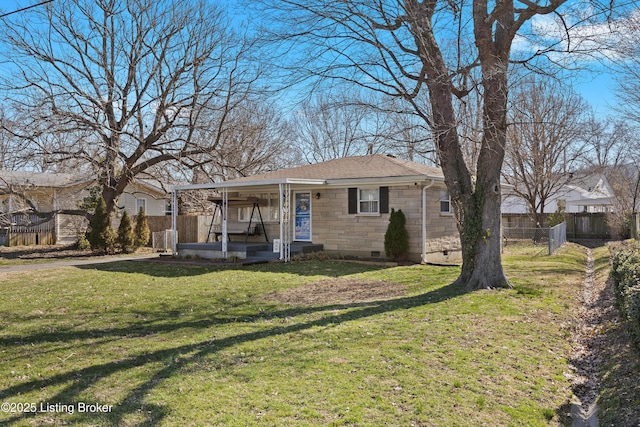 view of front of house featuring crawl space, stone siding, a front yard, and fence