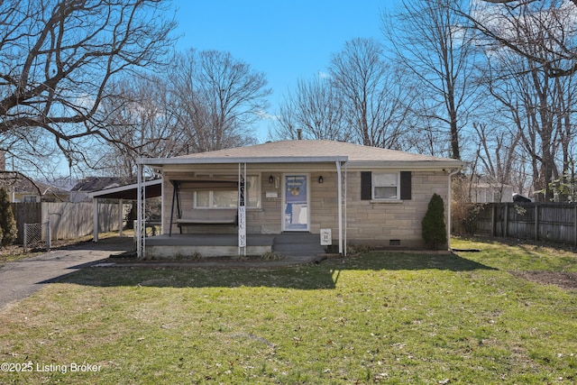 view of front of home featuring stone siding, a porch, a front yard, and fence