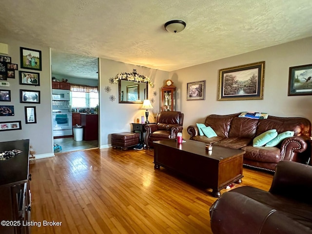 living room with hardwood / wood-style flooring and a textured ceiling