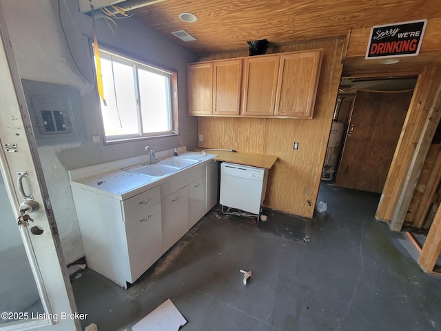 kitchen with sink, gas water heater, electric panel, dishwasher, and white cabinets