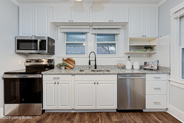 kitchen featuring appliances with stainless steel finishes, sink, white cabinets, and dark hardwood / wood-style floors