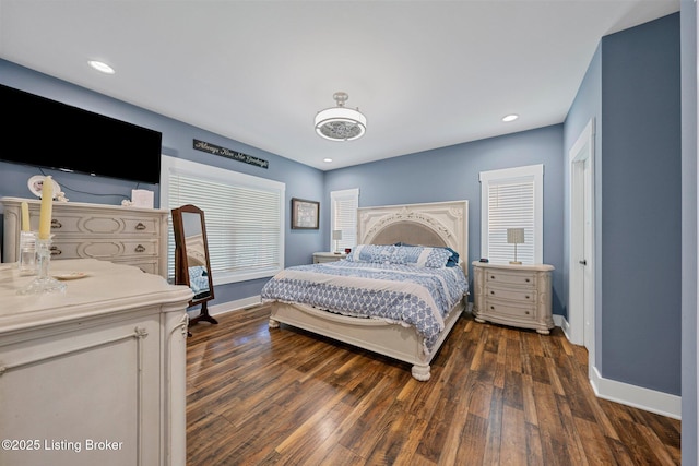 bedroom featuring baseboards, dark wood-type flooring, and recessed lighting