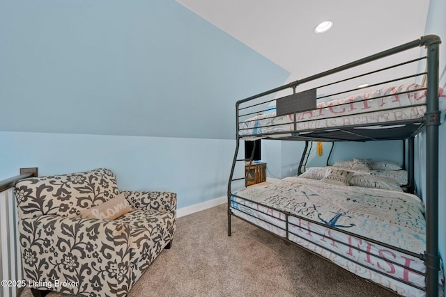 carpeted bedroom featuring vaulted ceiling, recessed lighting, and baseboards