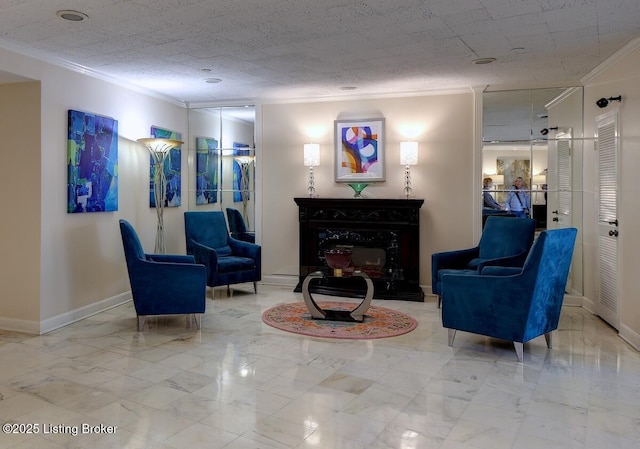 common area with crown molding, a high end fireplace, and a textured ceiling